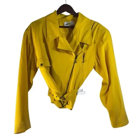 Vintage 80s Yellow Silk Moto Jacket Bold Shoulders Structured Hong Kong Made - Picture 1 of 15